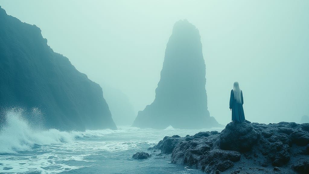White-Haired Woman at Ocean's Edge in Whimsical Style