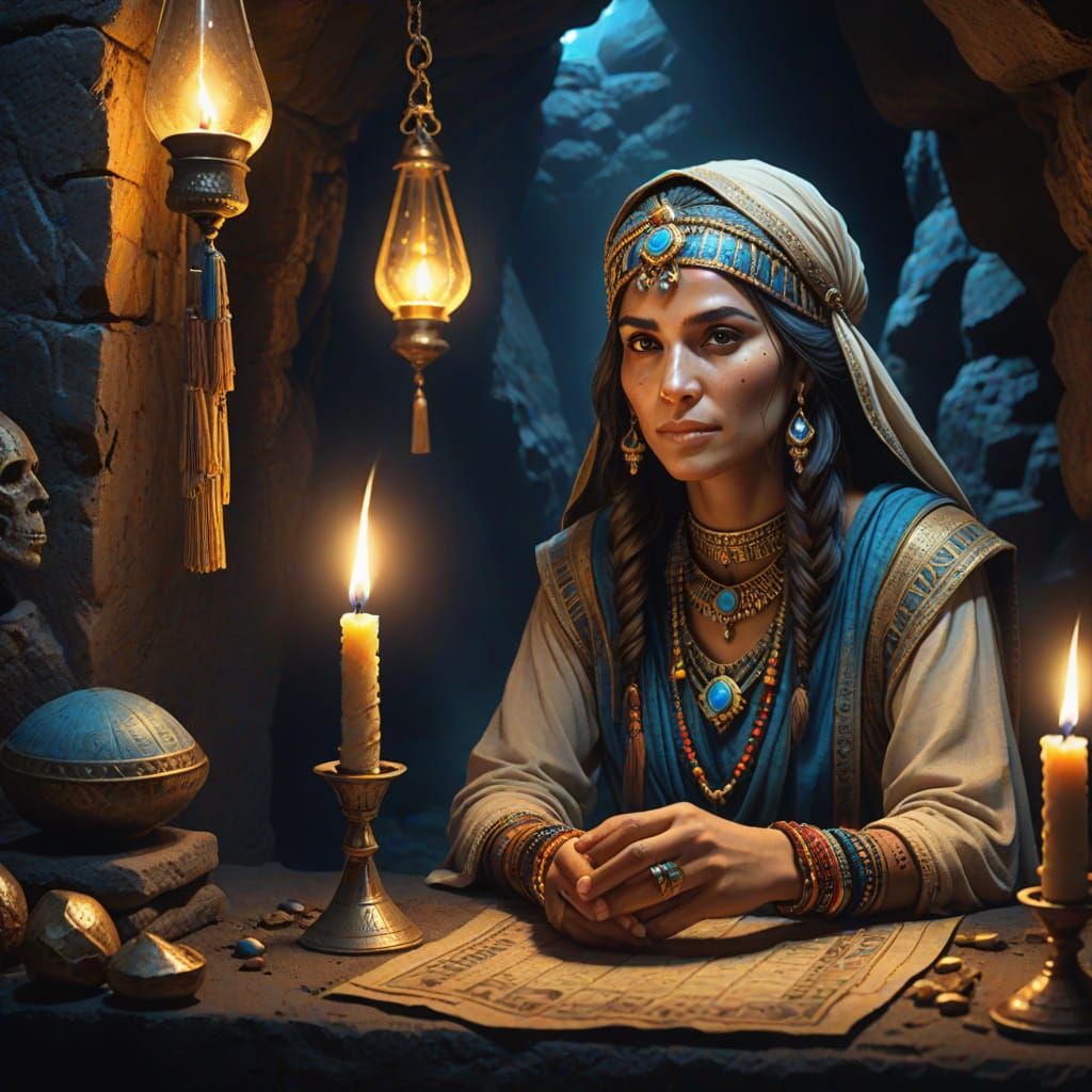 Ancient Mesopotamian Fortune Teller in Candlelit Cave