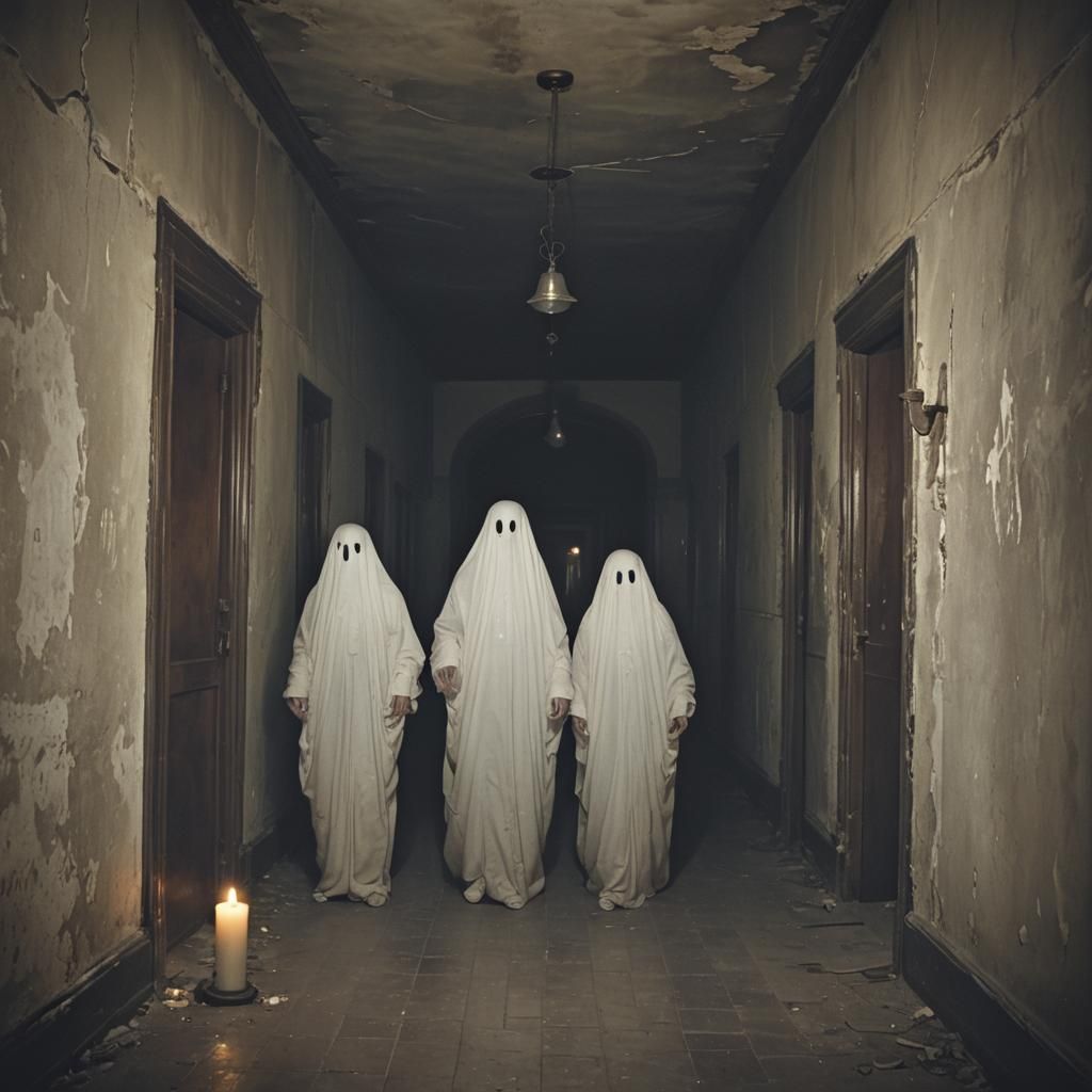 Ethereal Ghosts in Abandoned Hallway, Surrealist Image