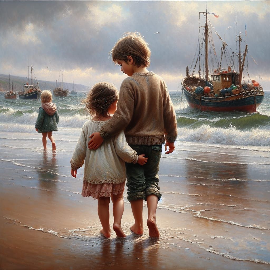 Children on Beach in Impressionistic Oil Painting