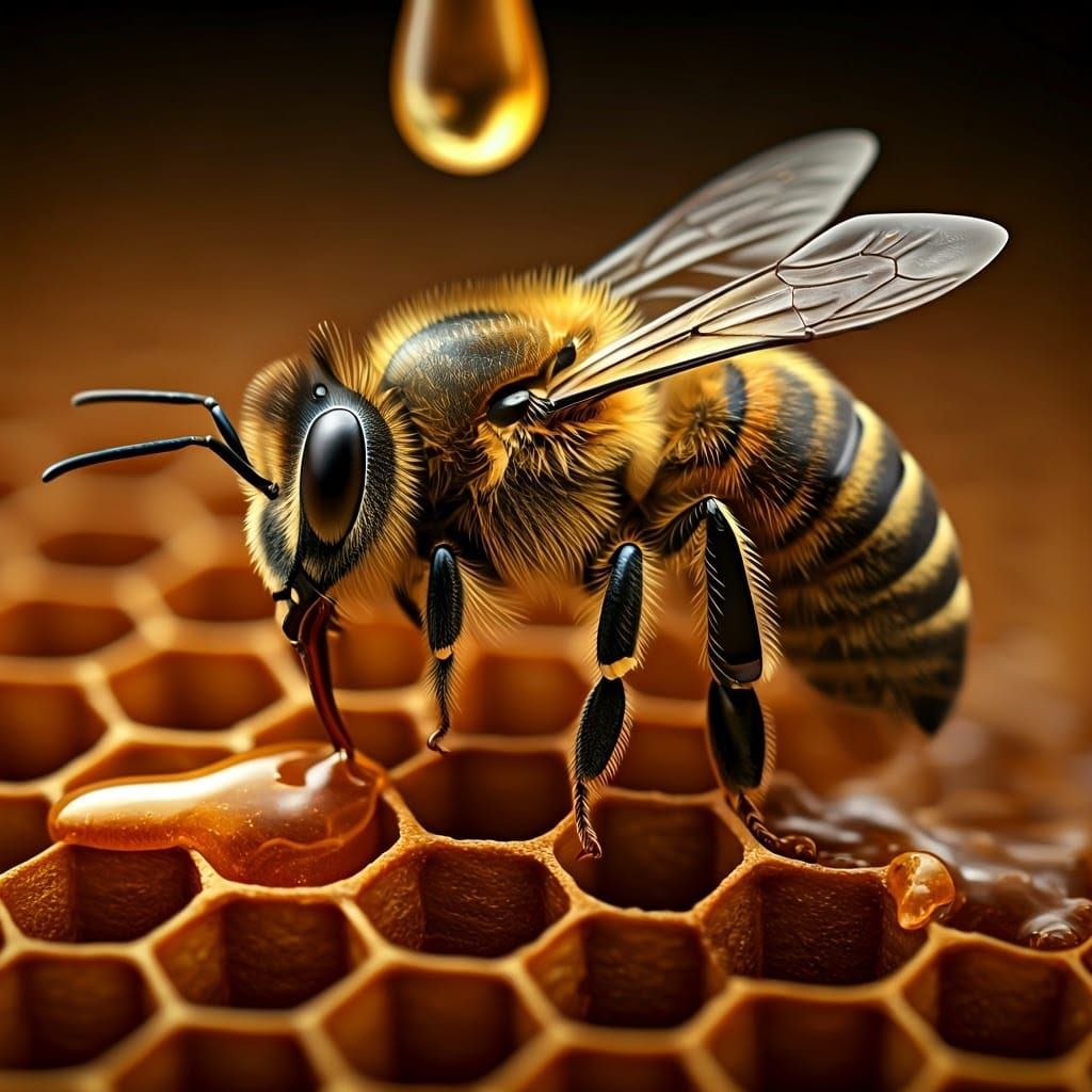 Majestic Honey Bee on Honeycomb Cell in Hyper-Realistic Deta...