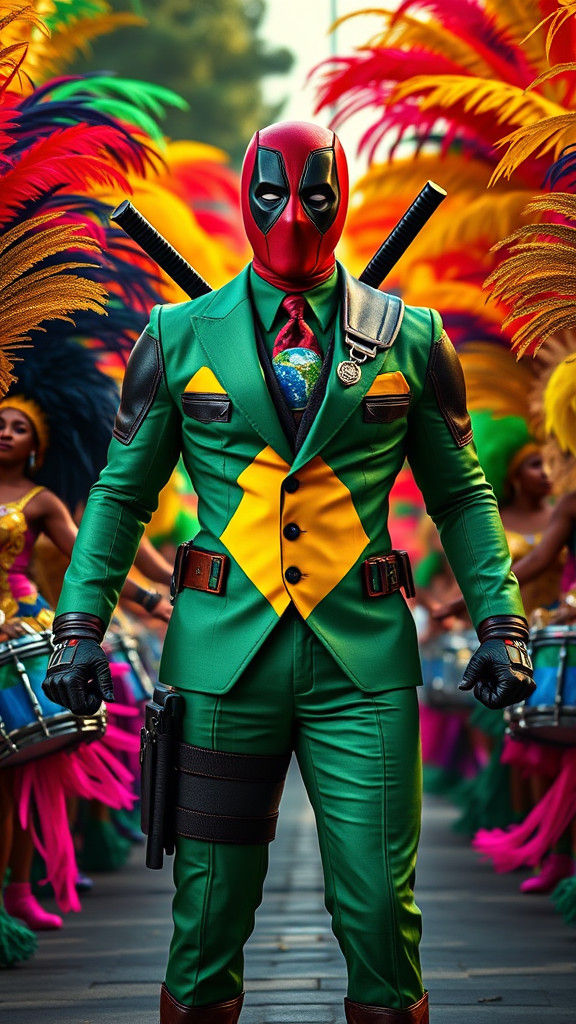 Deadpool in Brazilian Flag Suit at Carnival