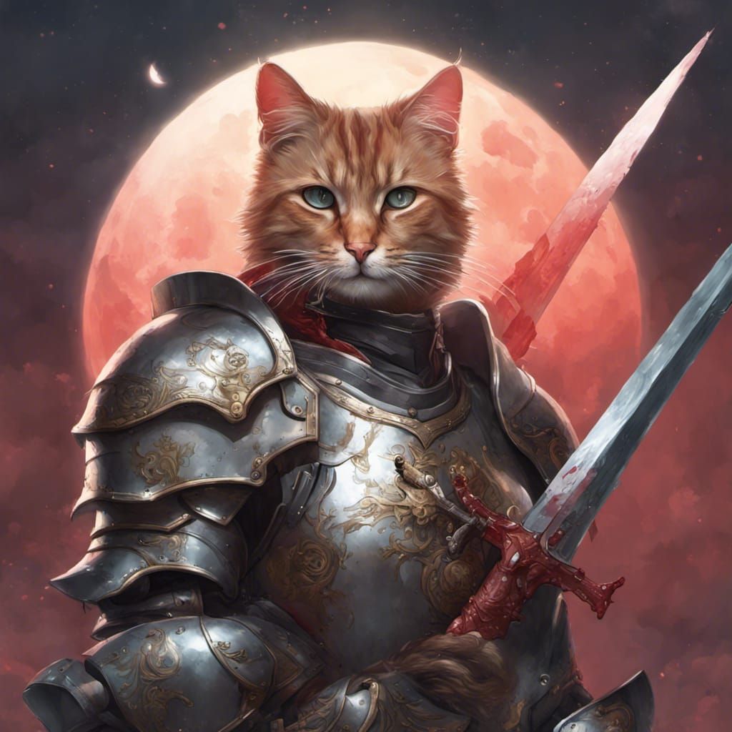 Armored Cat with Bloody Sword, Hyperdetailed Portrait