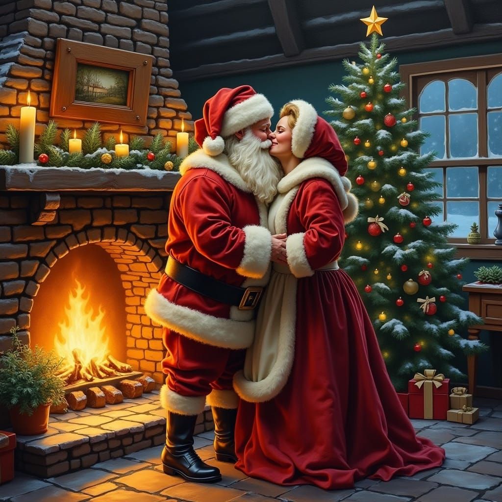 Cozy Christmas Cabin Scene in Whimsical Oil Painting Style