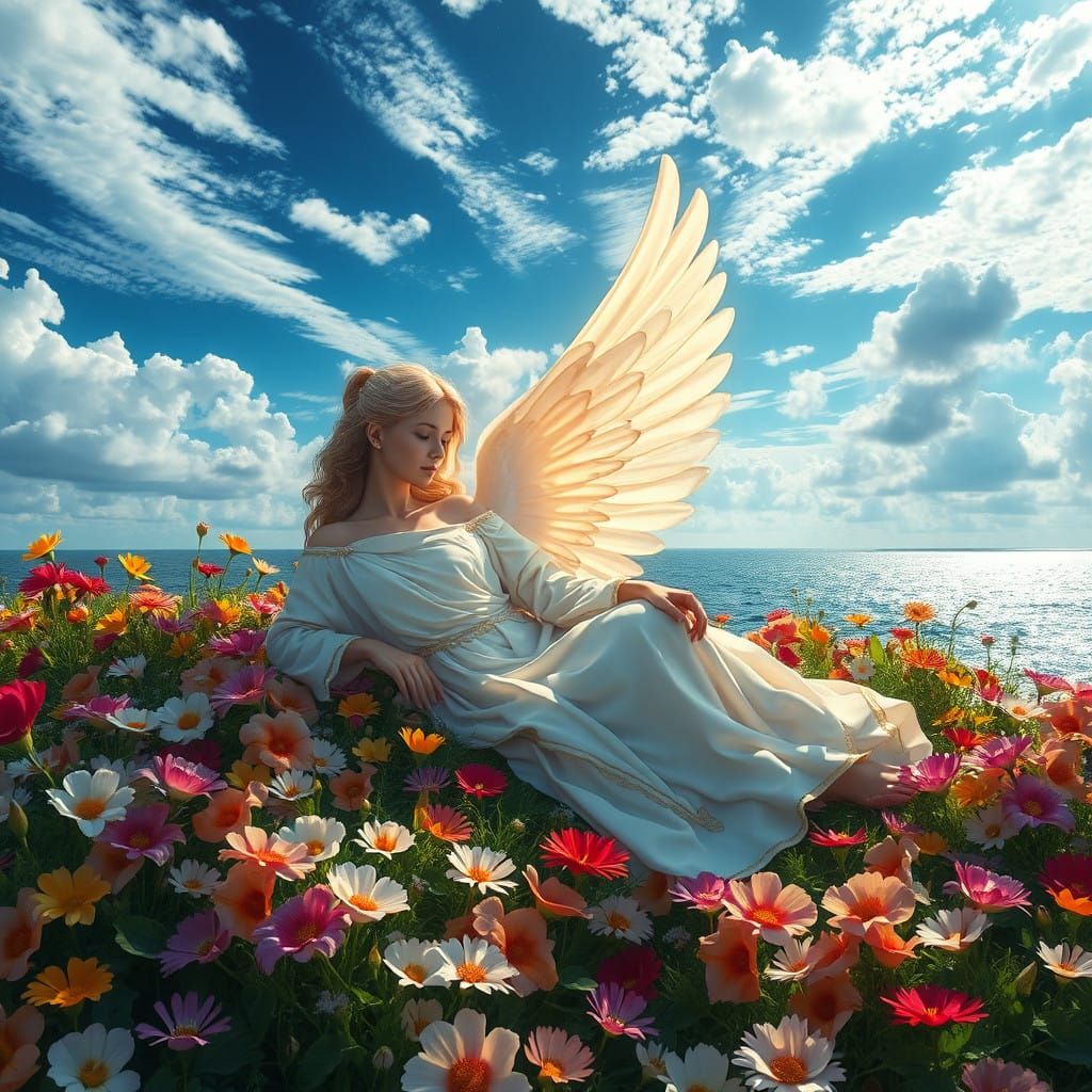 Angel in Idyllic Floral Paradise