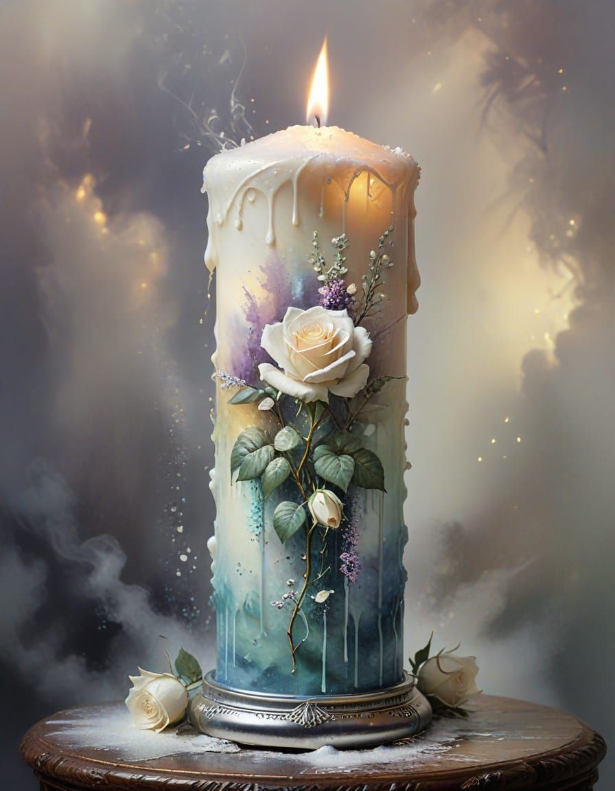 White Rose Candle Grows from Melting Wax as Watercolour