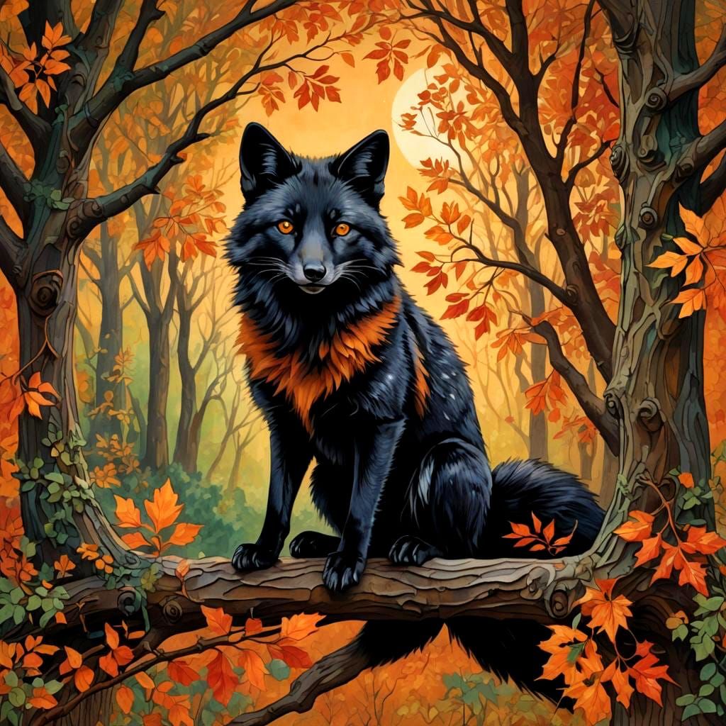 Black Fox in Autumnal Scene: Fantasy Concept Art