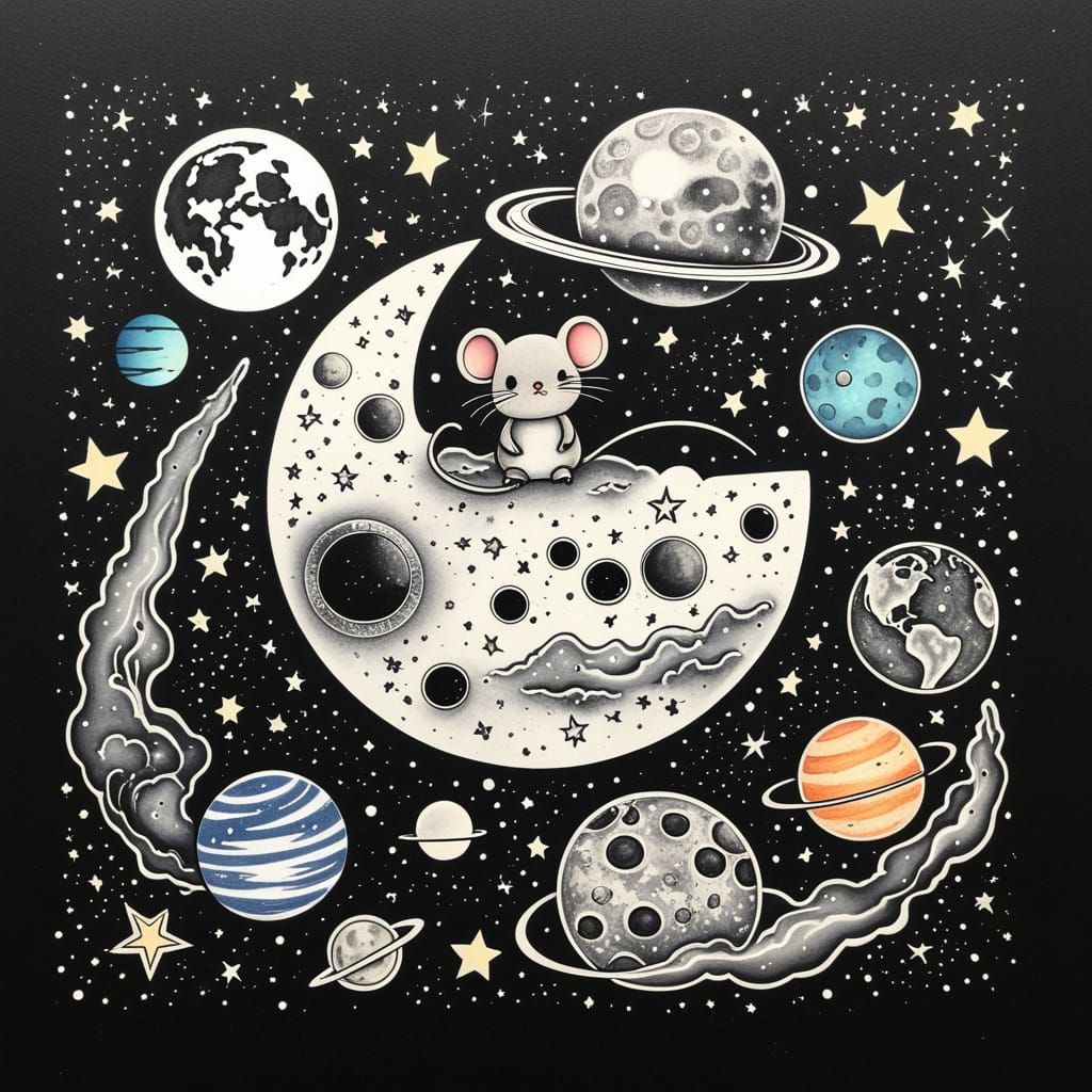 Chibi Mouse Tattoo Sheet on Moon with Starry Sky