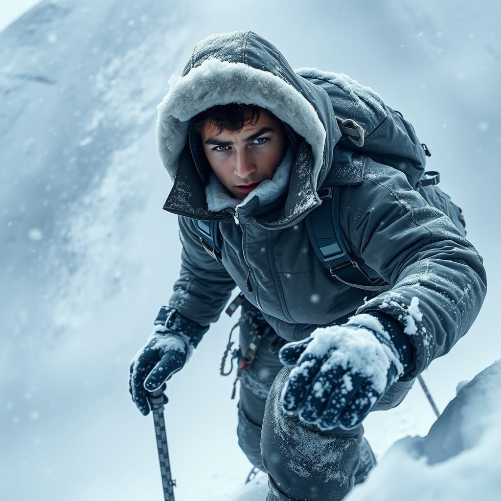 Winter Mountaineer Ascends Icy Peak