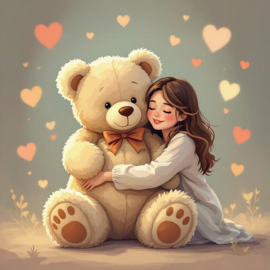 Joyful Lady Hugged by Giant Teddy Bear in Gentle Line Art