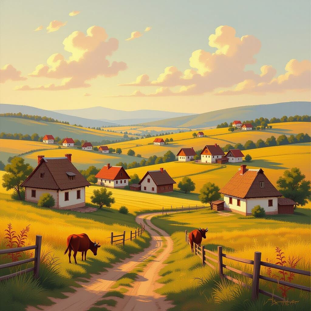 Rural Romanian Villages in Golden Afternoon Light Oil Painti...
