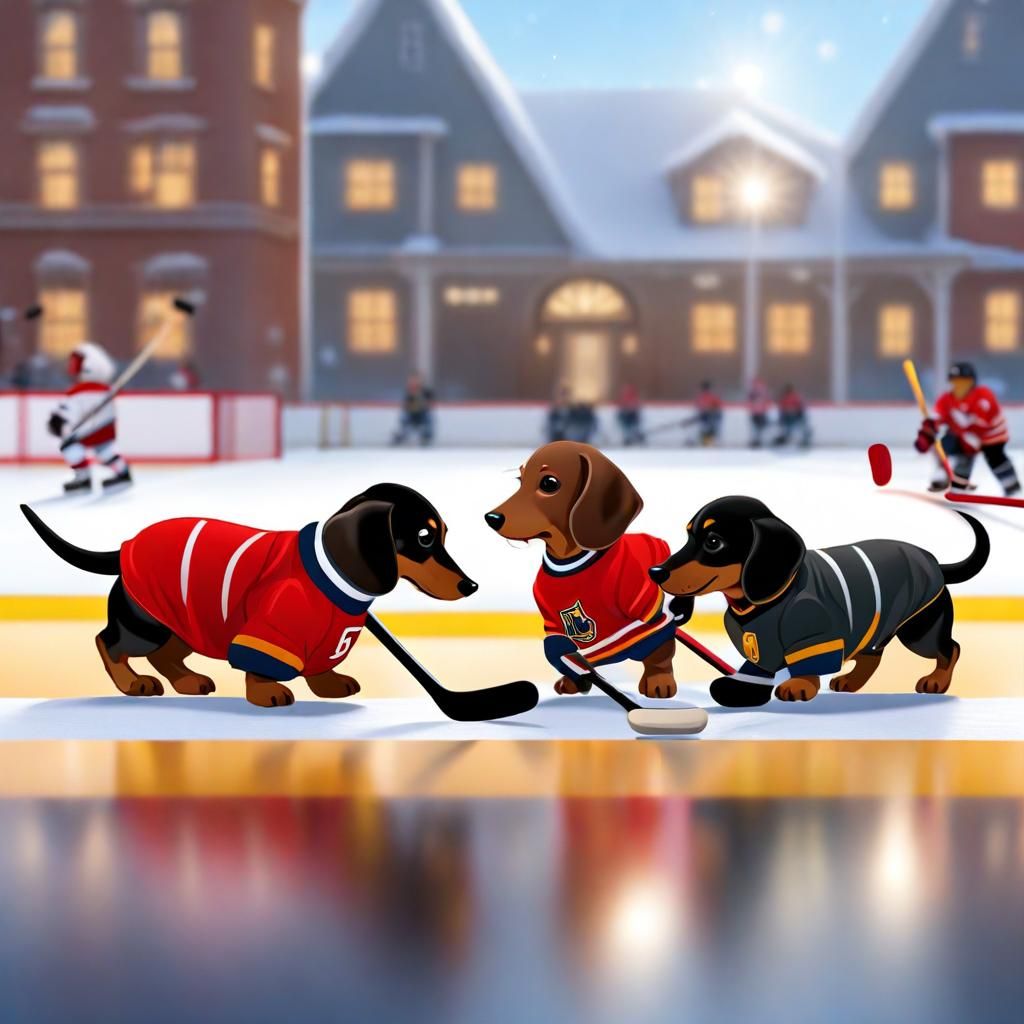 Chibi Dachshunds Play Ice Hockey: An Adorable Action Scene