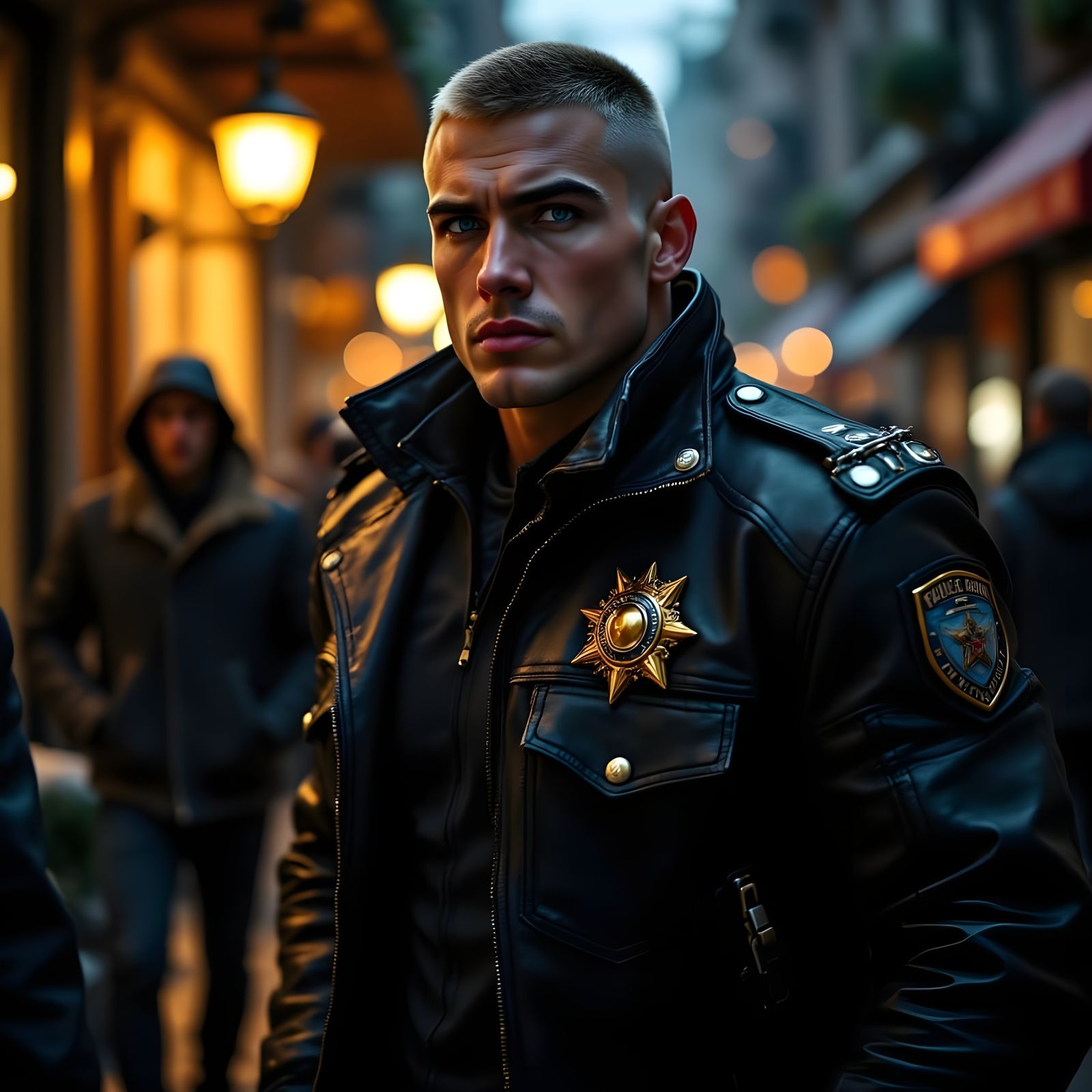 Intense Police Officer in a Dark Urban Alleyway