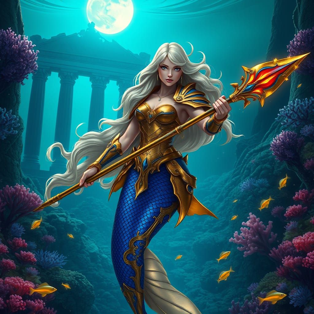 Ethereal Warrior Mermaid Radiates Fierce Determination in Go...