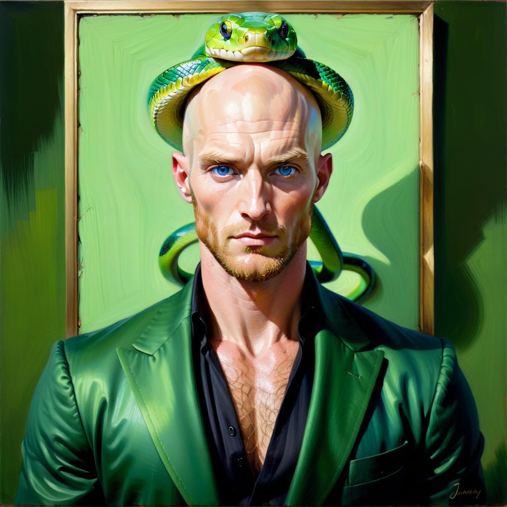 Green mamba snake man