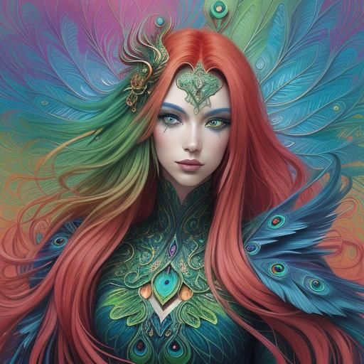 Dragon Woman Portrait with Peacock Feathers in Abstract Styl...