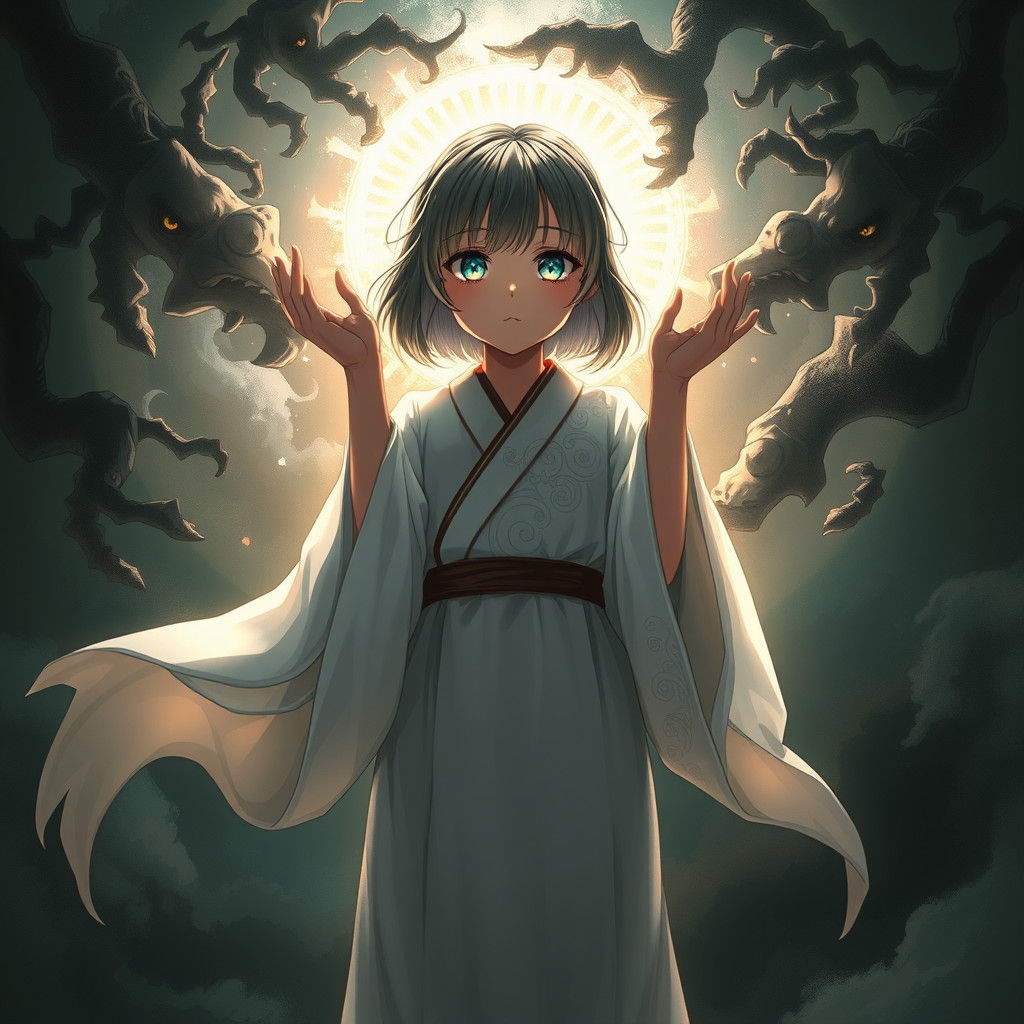 Ethereal Girl in Kimono with Dark Silhouettes