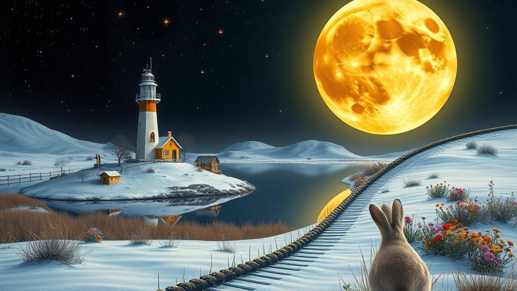 Dreamlike Snowscape with Miniature Island and Fading Moon