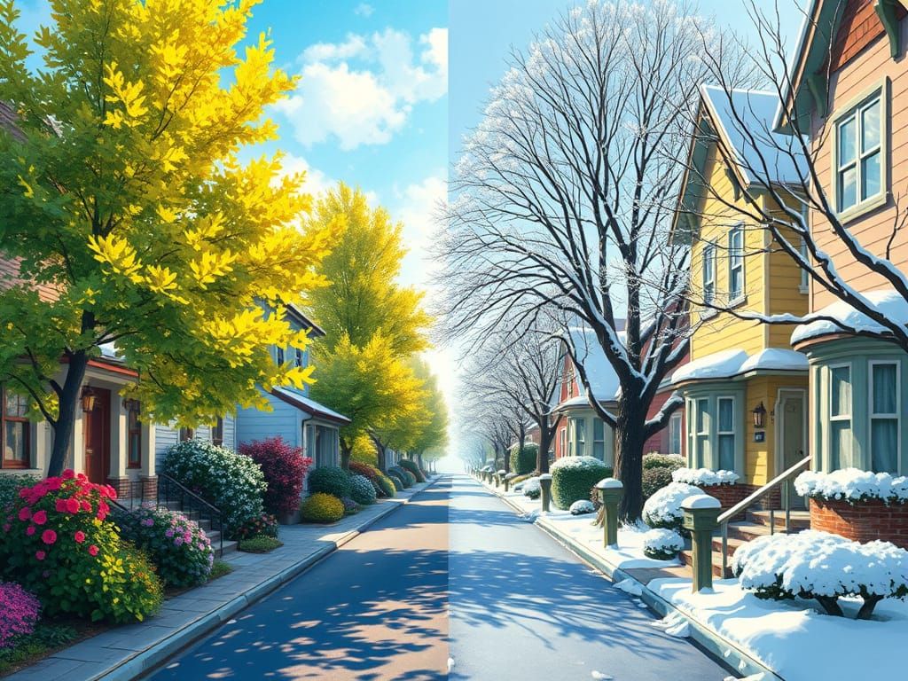 Street Split Between Summer and Winter, Impressionistic Styl...