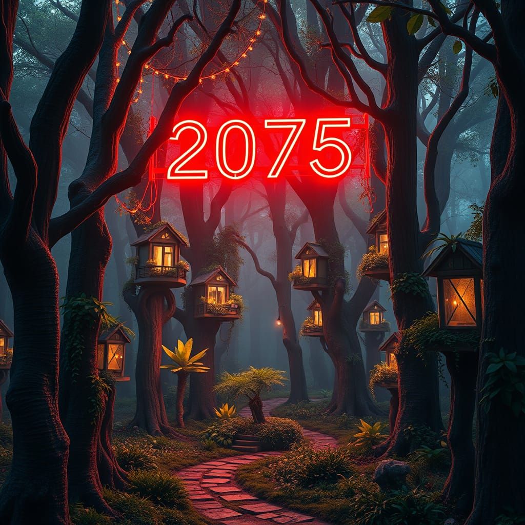 Futuristic Forest Homes in 2075 with Neon Cyberpunk Lights