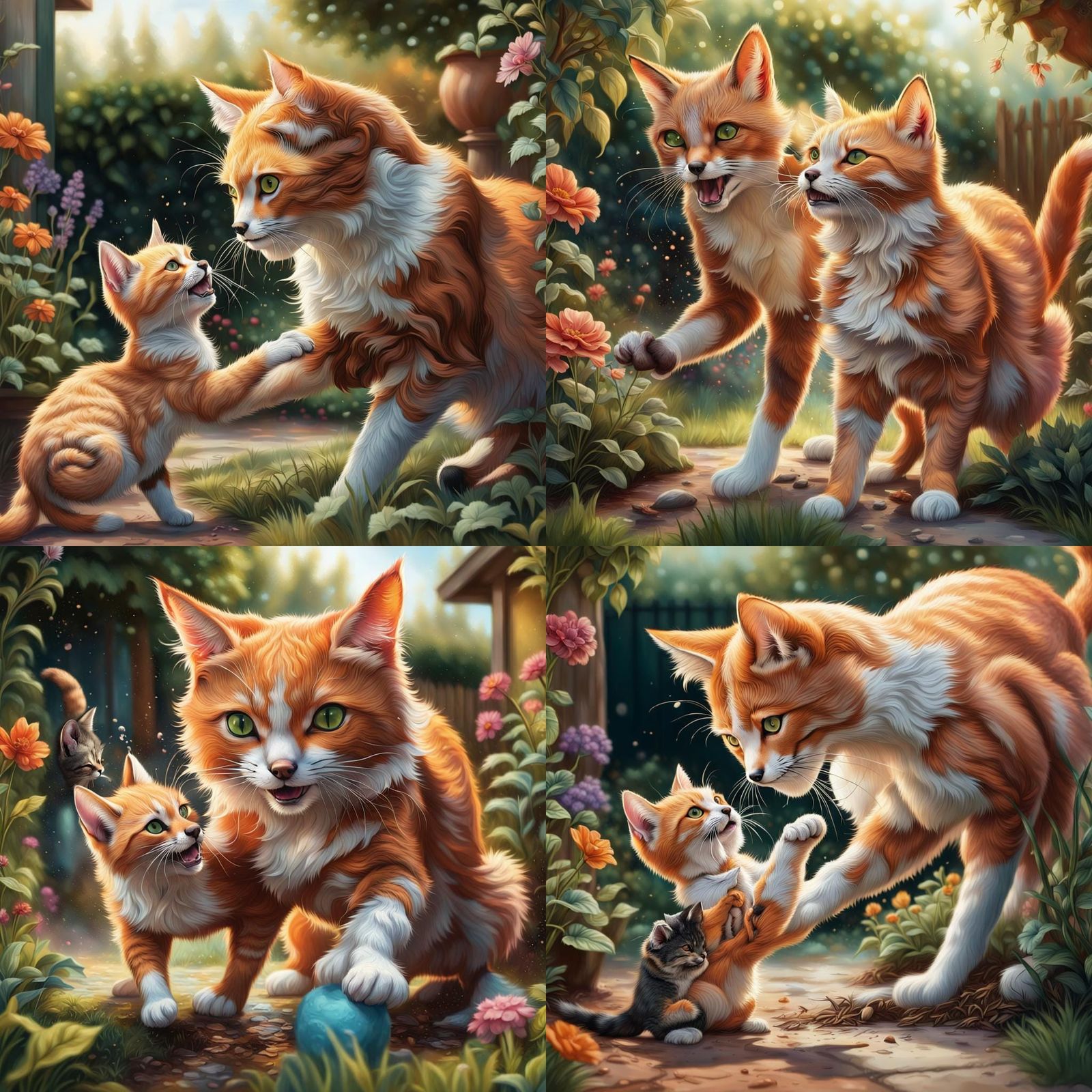 Hyperrealistic Fox and Cat Garden Scene