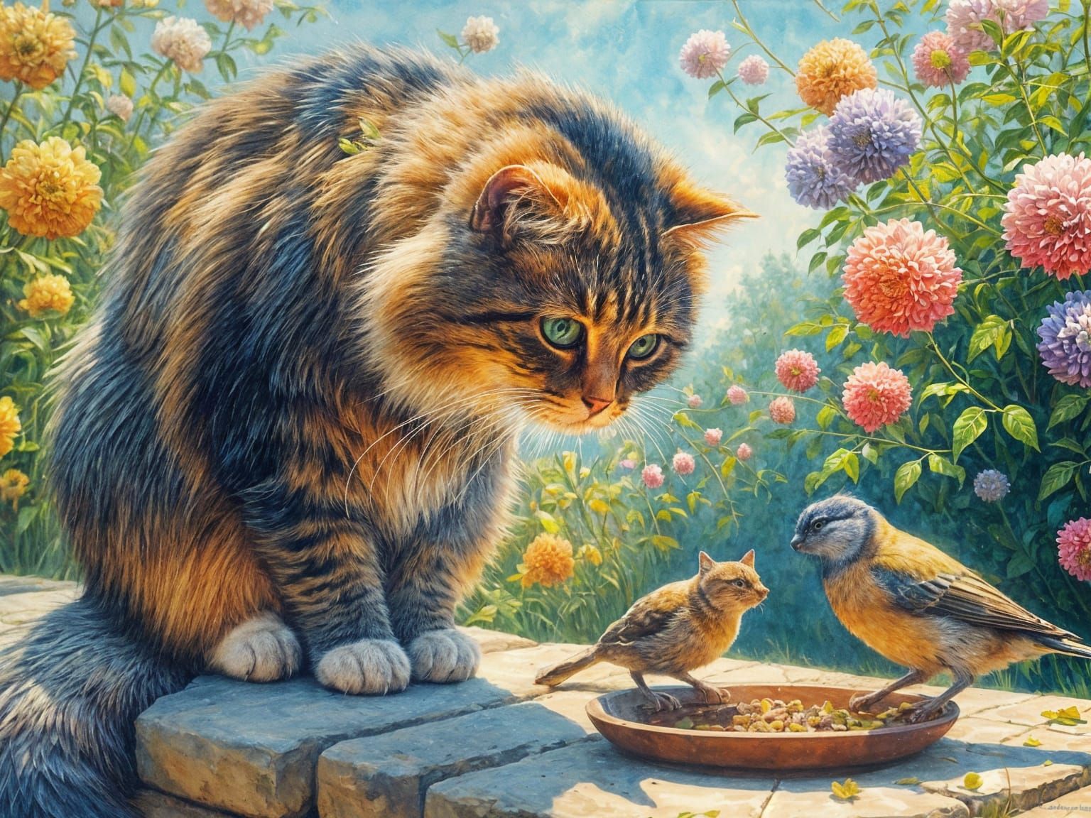 Impressionist Cat Watching Bird in Summer Garden