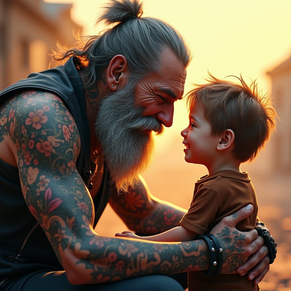 Biker and Son: Hyperrealistic Matte Painting Portrait