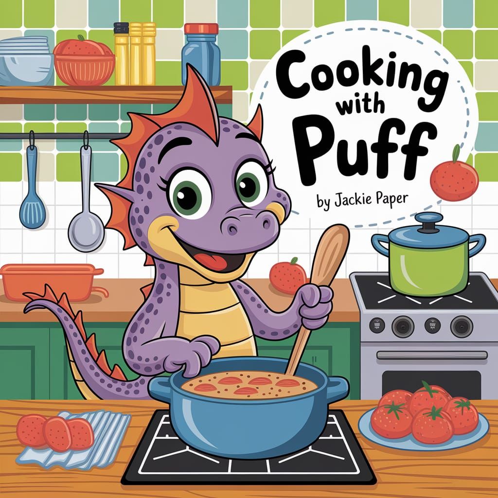 Cooking Dragon Children's Book Cover Cartoon Illustration