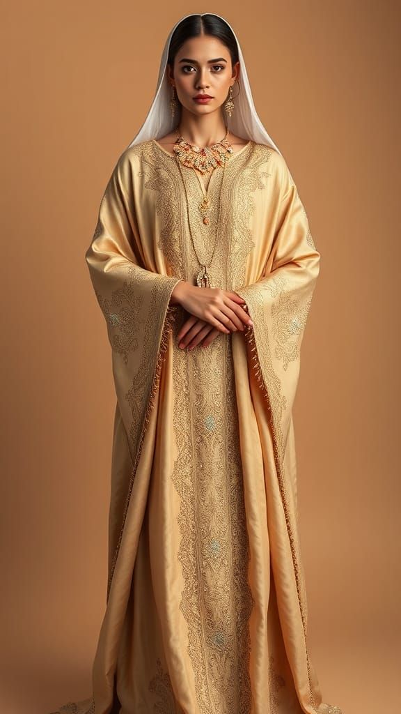 Majestic Arab Caftan with Golden Embroidery on Model