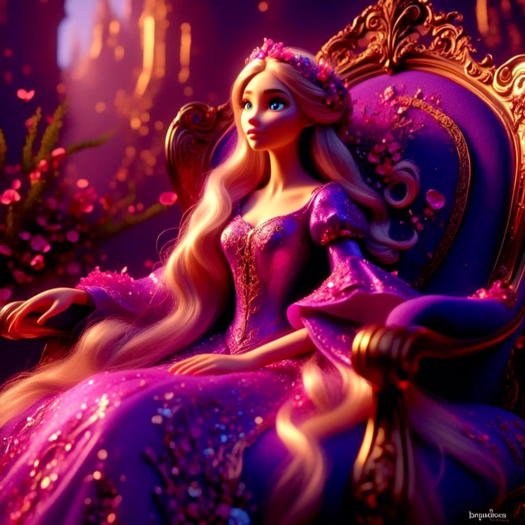 Hyperrealistic Rapunzel in Armchair with Colorful Background