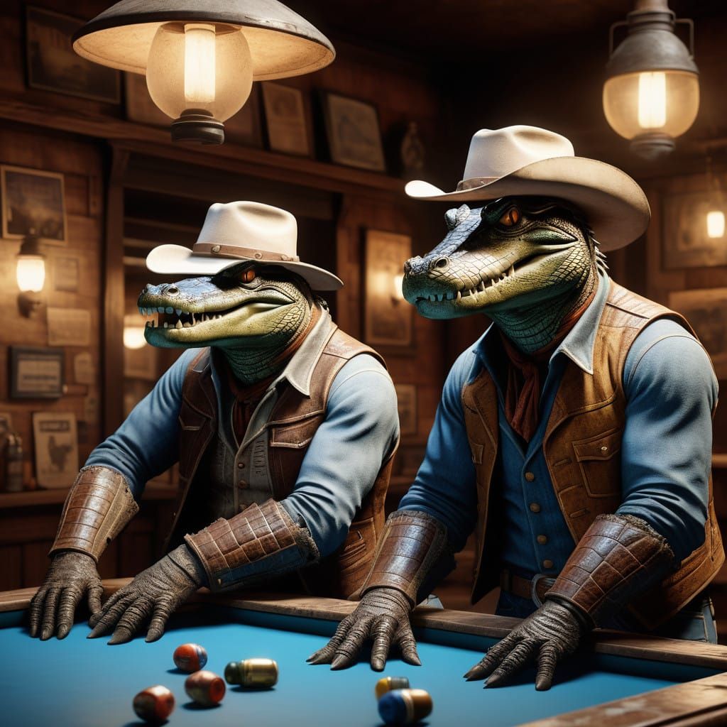 Weathered Cowpokes: Two Alligators Showdown in a Dusty Saloo...
