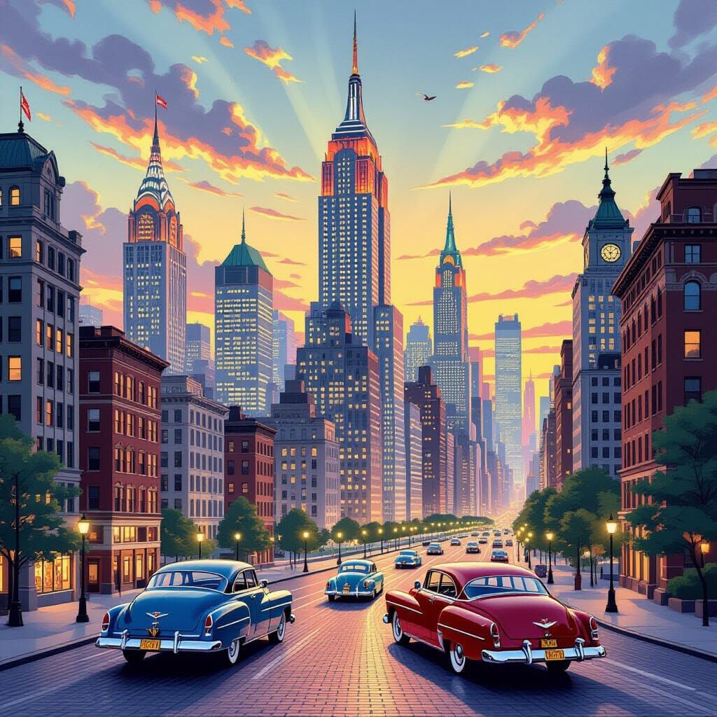Art Deco Cityscape at Dusk in 1940s Poster Style