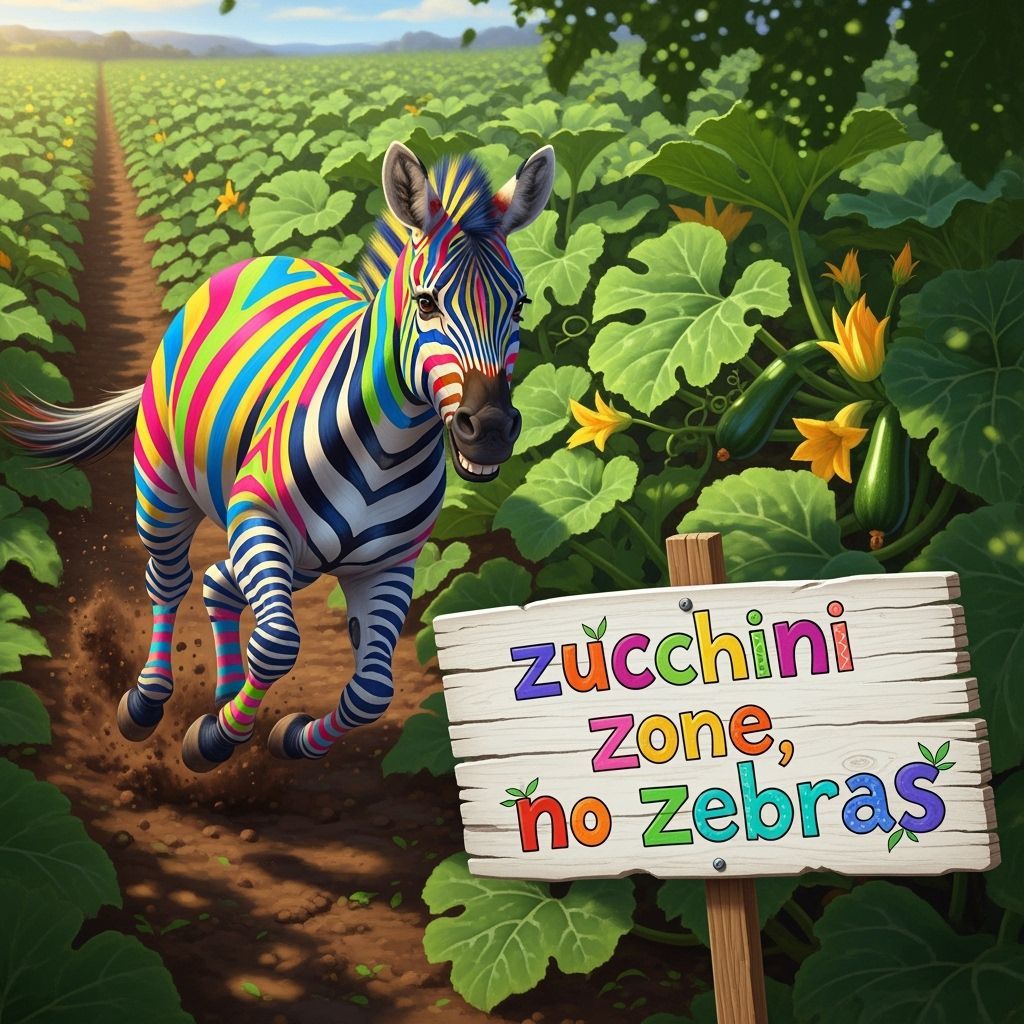 A zany zebra zipping through a zucchini zone