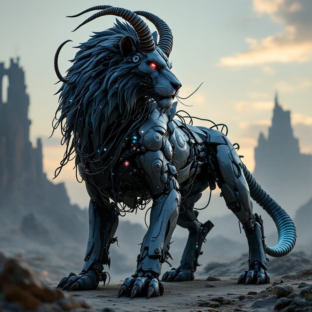 Cyborg Chimera in Dark Fantasy Post-Apocalyptic Landscape