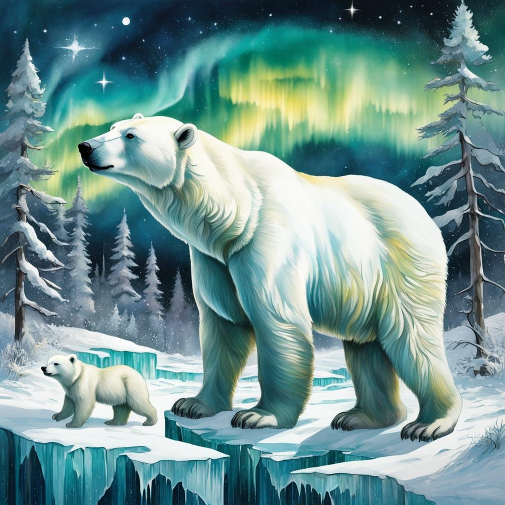 Realistic Polar Bears and Cubs Under Aurora Borealis
