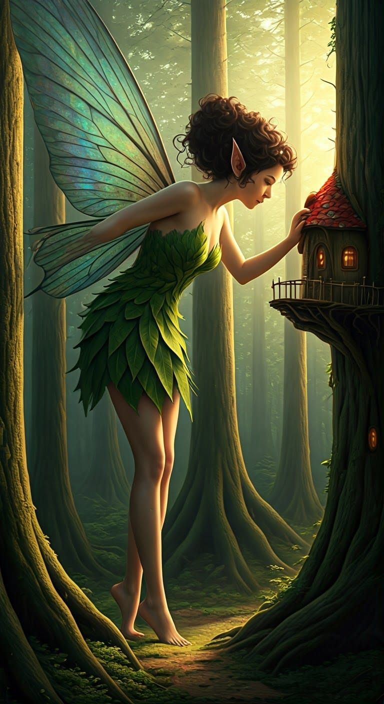 Giant Fairy Peering into Tiny Mushroom House