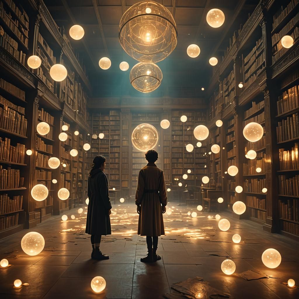 Dreamer in Eerie Library with Glowing Orbs