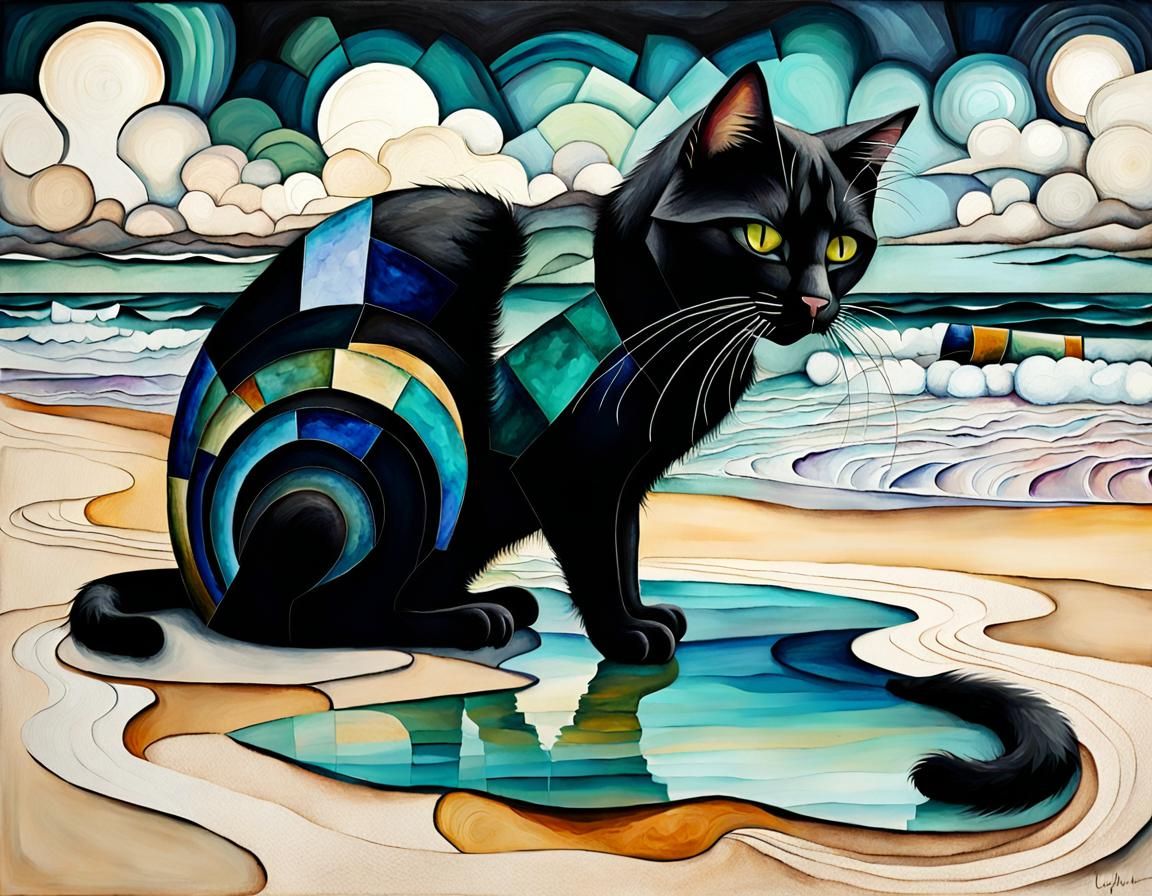 black cat, beach, whimsical, alcohol ink flow, cubism by Lyubov Popova, SOFT BROAD WASHES, Michael Vincent Manalo