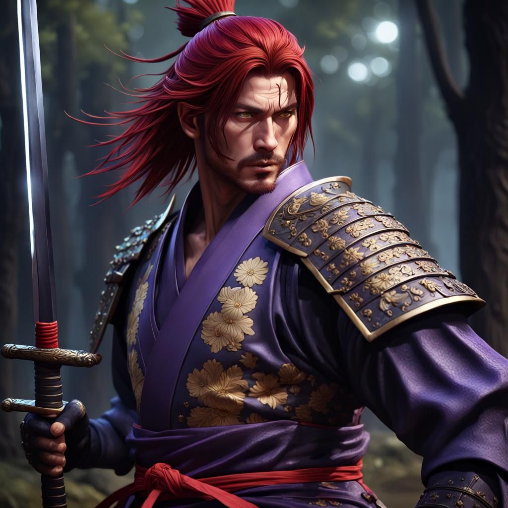 Red-Haired Samurai with Masamune Sword in Dark Fantasy Art