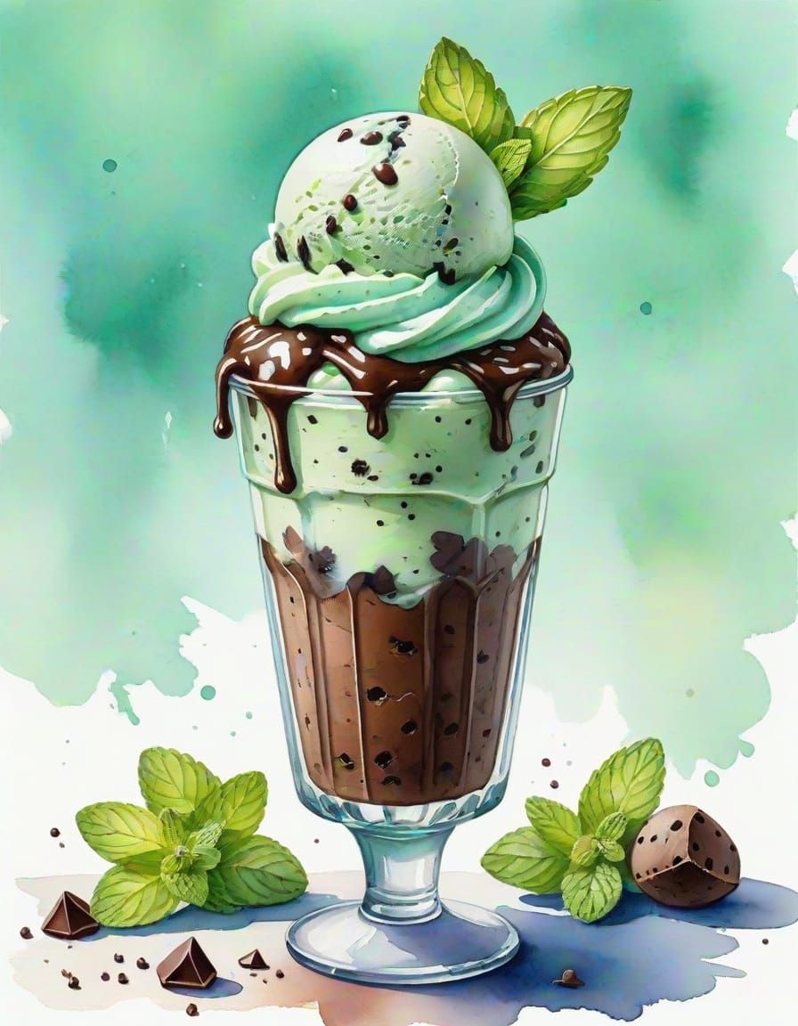 Watercolor Mint Chocolate Chip Ice Cream Parfait