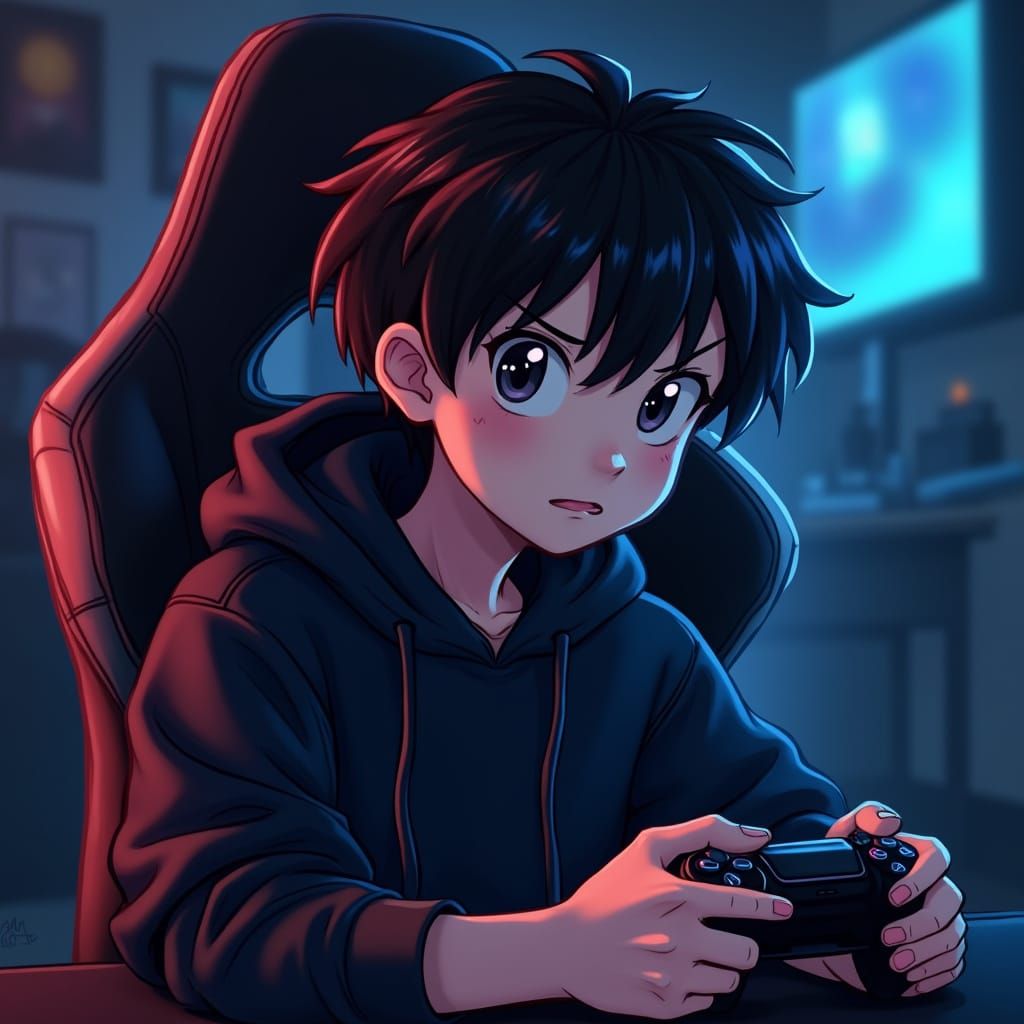 Teen Gamer in Anime-Realism Style
