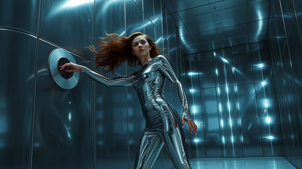 Steel Woman Reborn from Steel Wall in Cinematic Style
