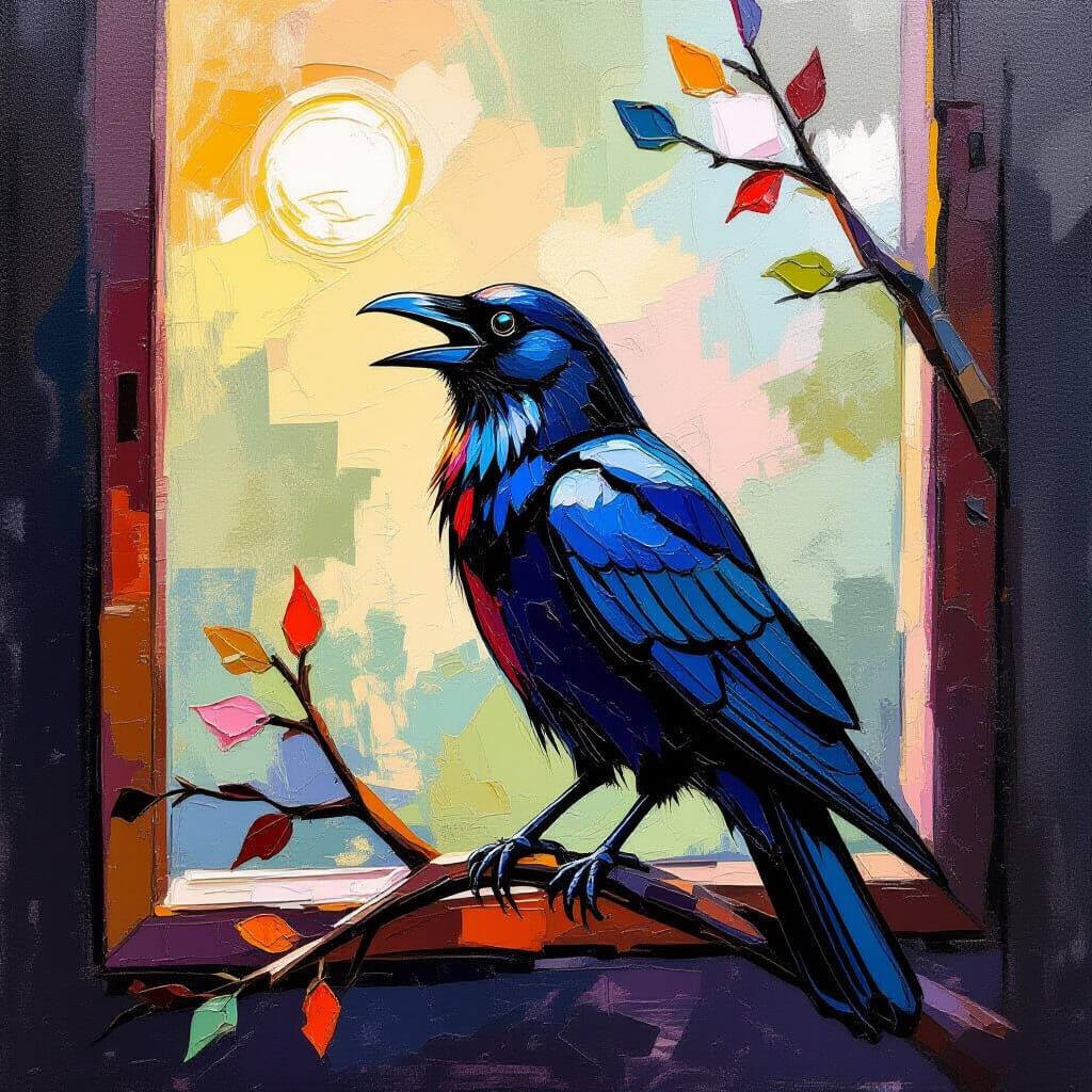 Raven Singing Outside Window Neo-Impressionist Style
