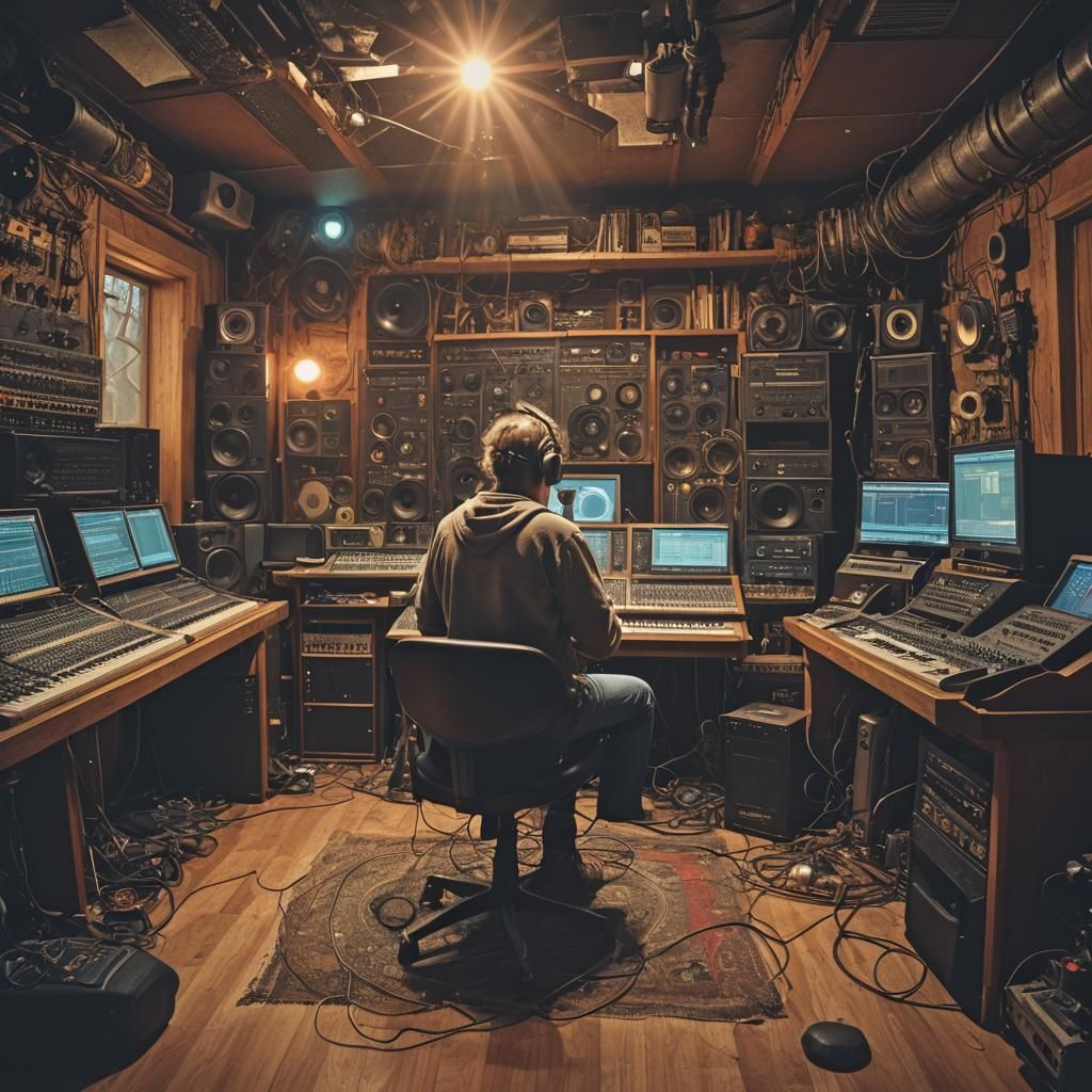 Musician in Recording Studio with Dynamic Lighting