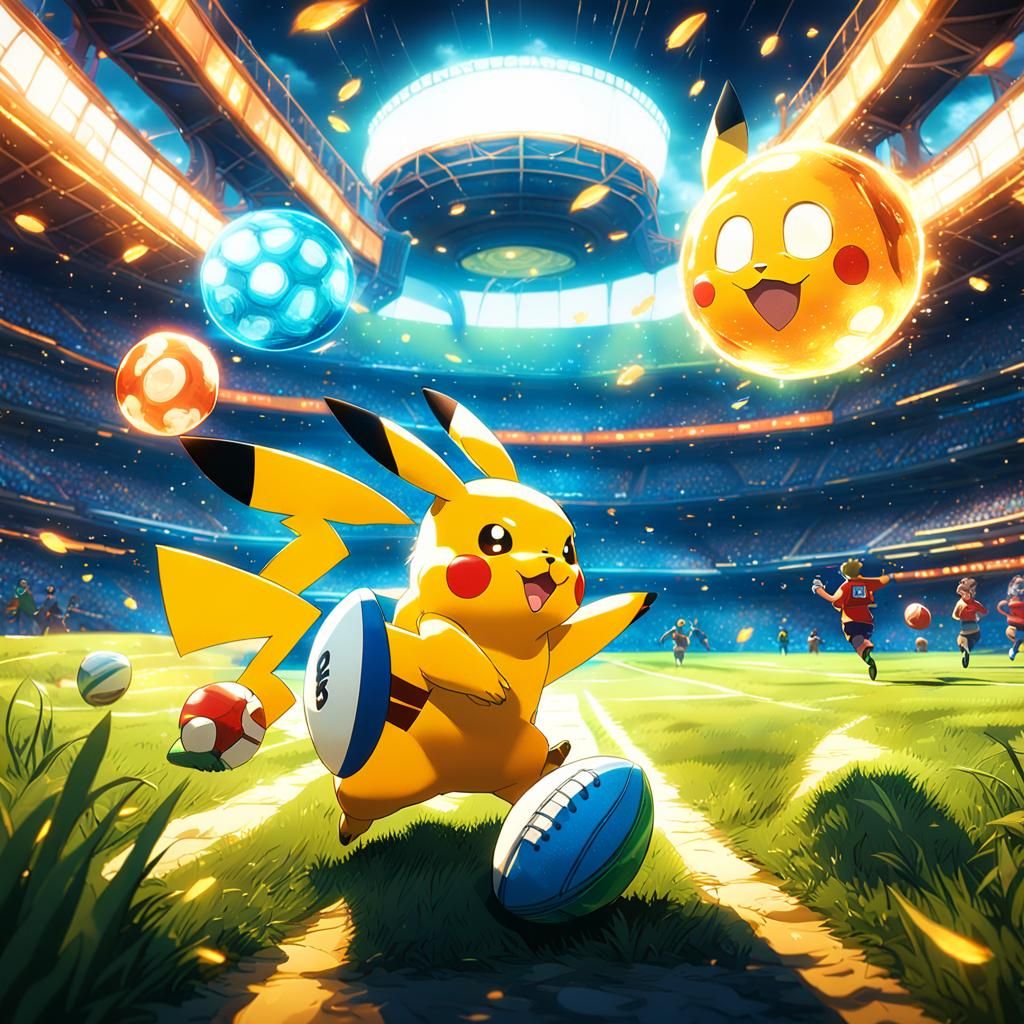 Pikachu Plays Rugby in a Fantasy Stadium