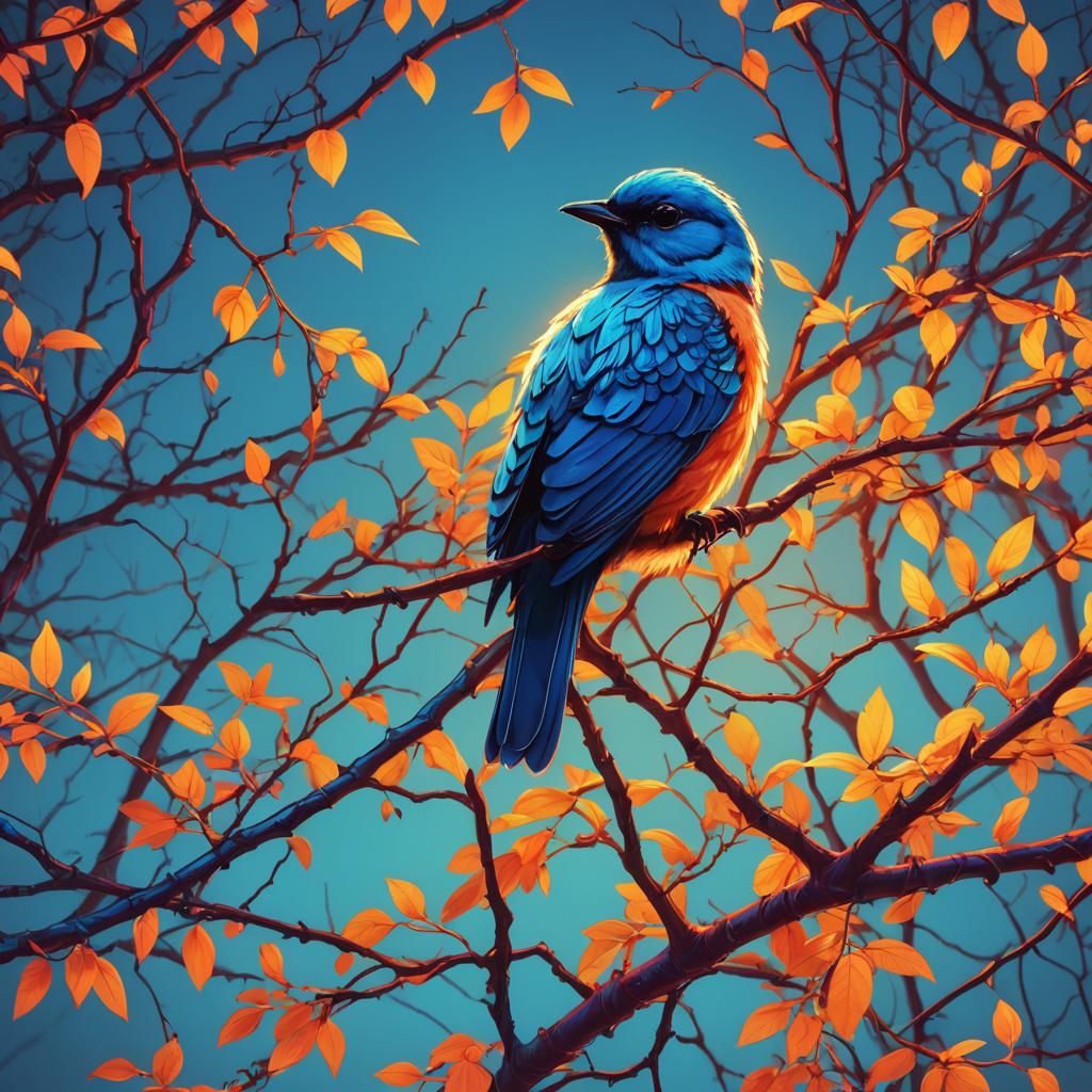 Neon Blue Bird on Branch in Synthwave Style