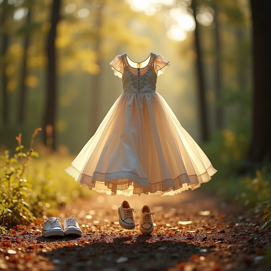 Invisible Girl Dancing in Sunlit Forest Clearing