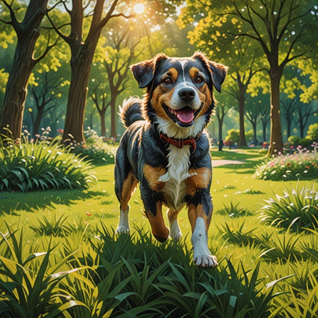 Vibrant Impressionist-Style Dog in Lush Green Park