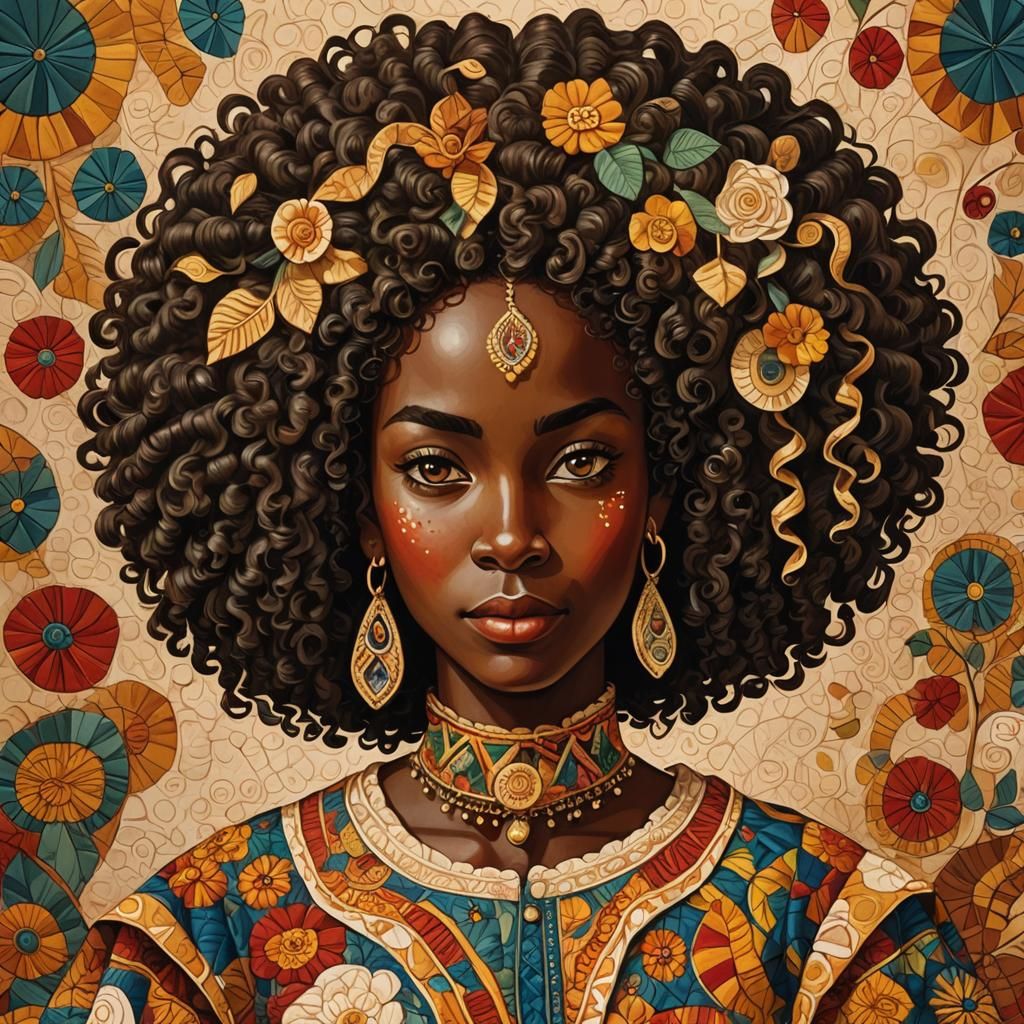 Vibrant African Beauty in Naive Folk Art Portrait