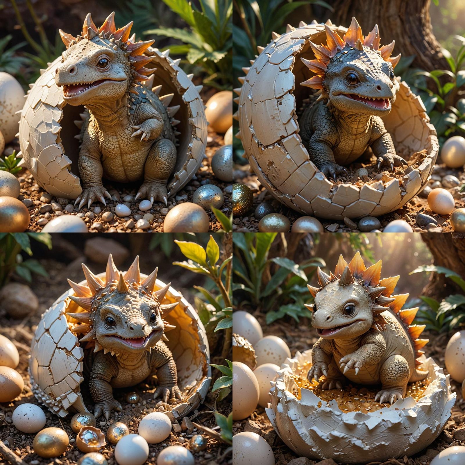 Whimsical Stegosaurus Emerges from Eggshell in Dreamlike Sun...